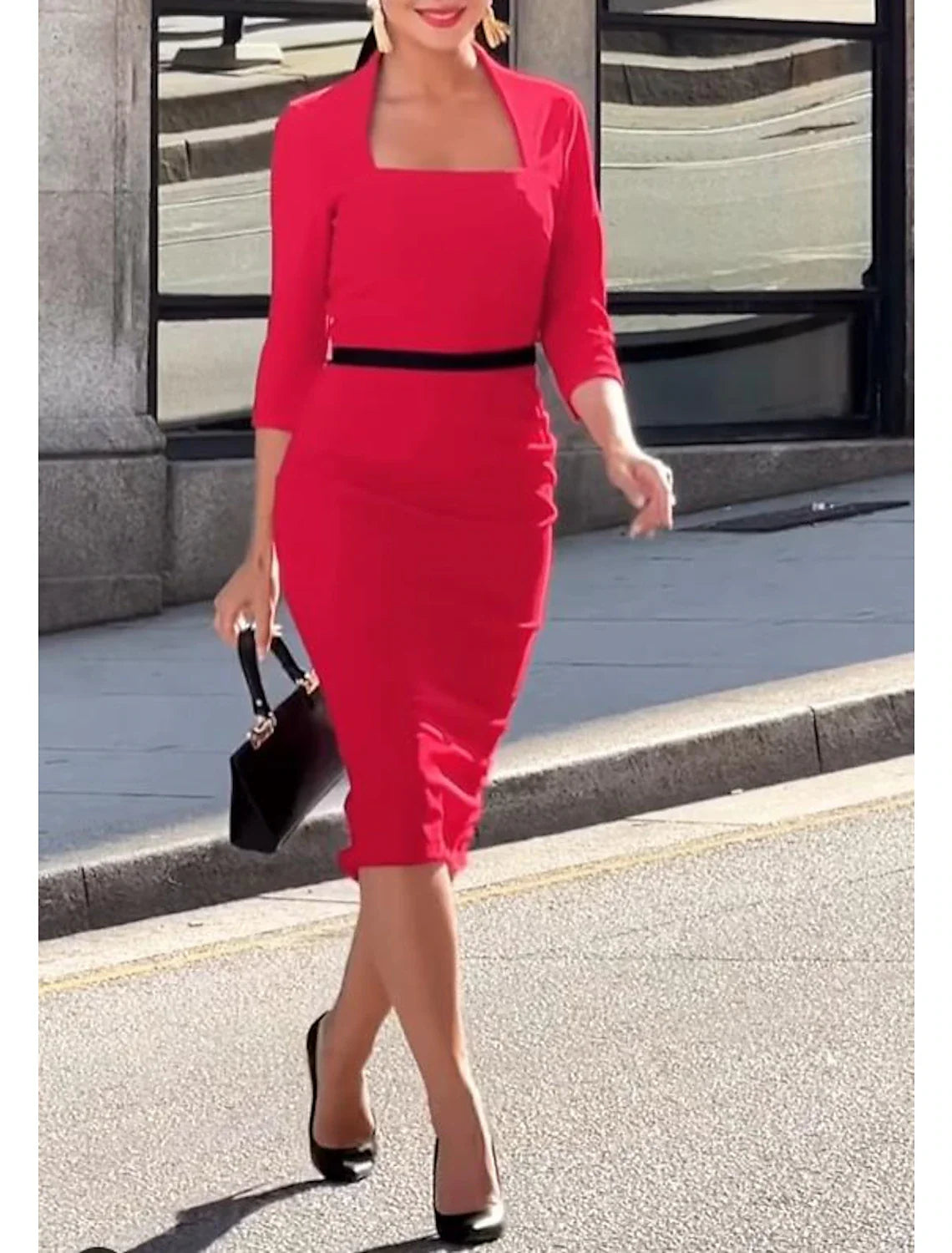 Sheath / Column Cocktail Dresses 1950s Dress Evening Party Tea Length 3/4 Length Sleeve Square Neck Stretch Fabric with Strappy